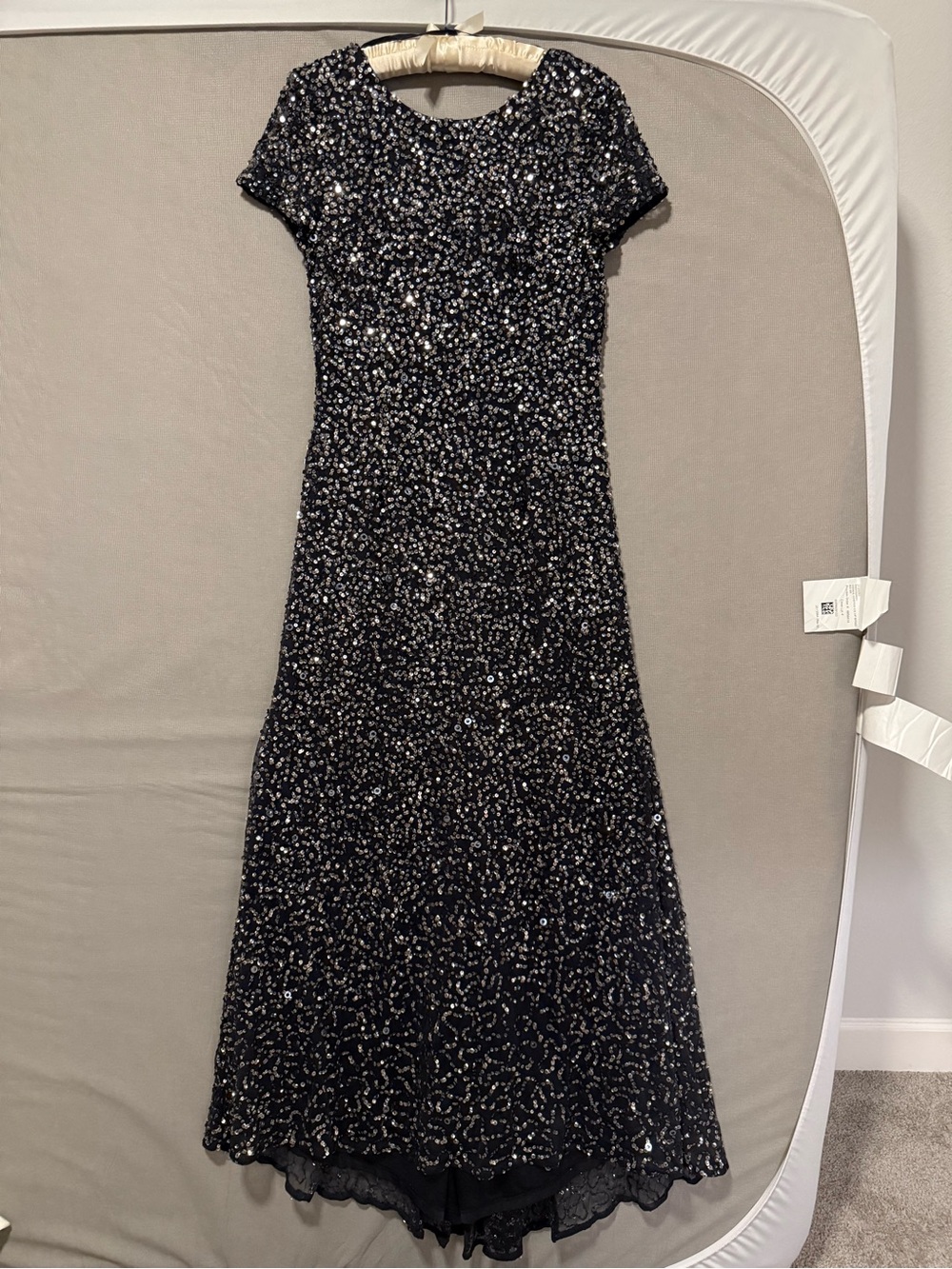 Adrianna Papell Black and Silver Sequin A-Line Evening Gown